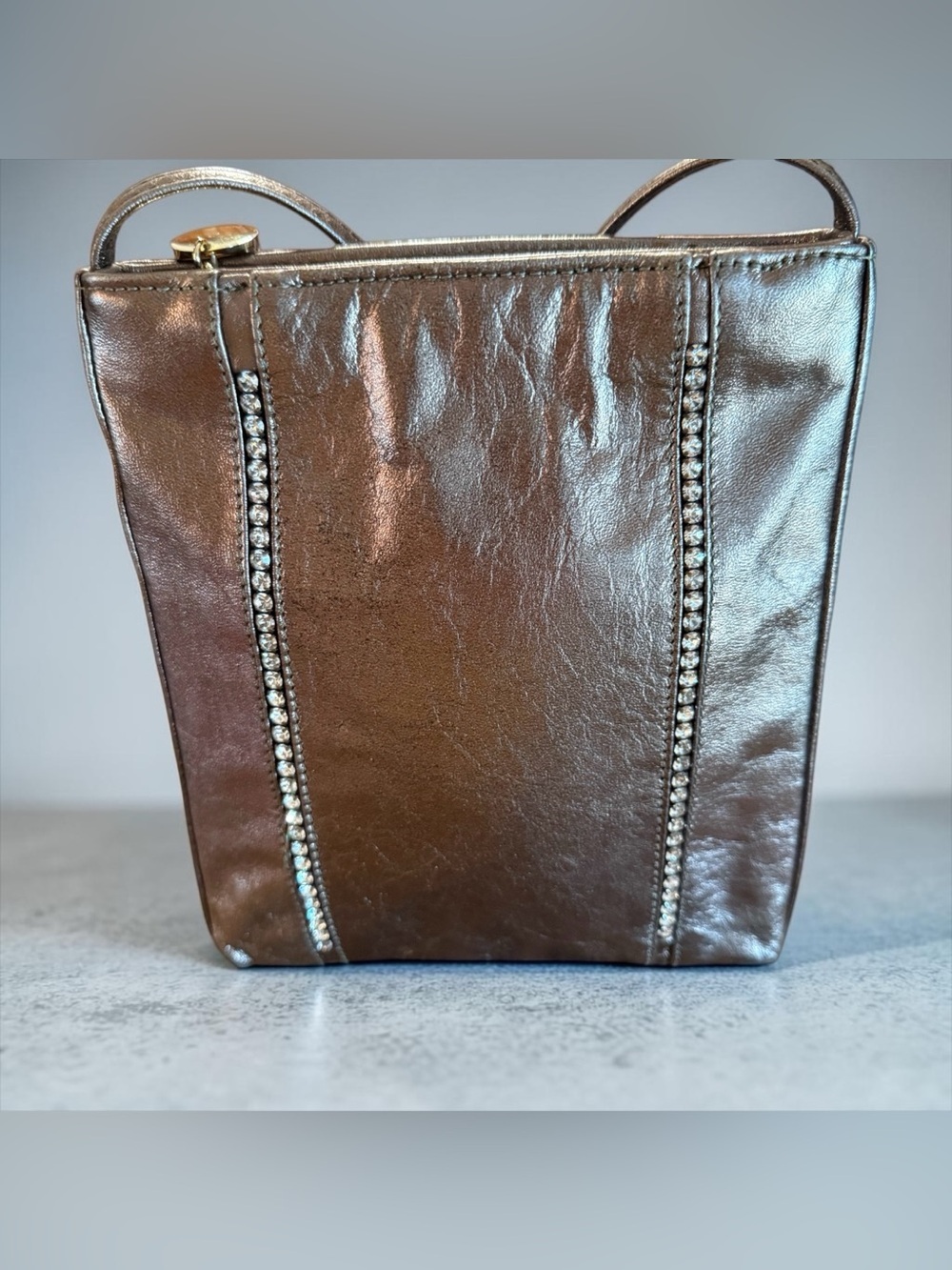 Vtg Dawli Handbags Antique Pewter Bronze Metallic Crossbody Purse Rhinestone USA